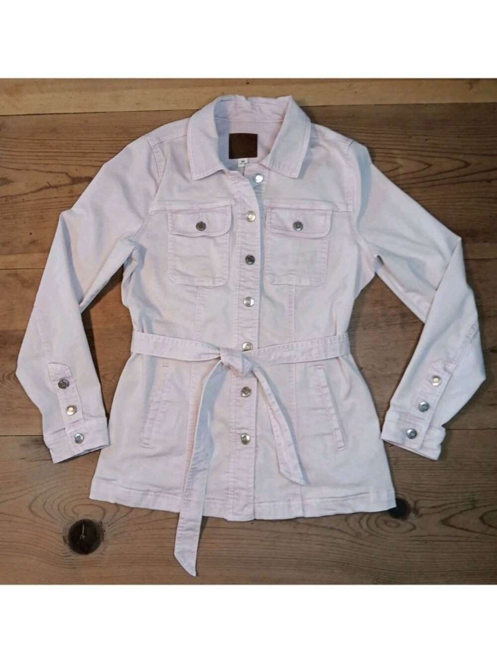 Maurices Pink Jean Jacket Women M Stretch Button Front Hip Length Belt Tie Waist